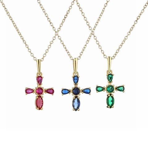 Collana Pendente Croce Rame Zircone Colorato Intarsiato Moda Semplice Temperamento Catena Clavicola Donne