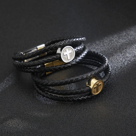 Bracciale In Pelle Intrecciata Da Uomo Ciondolo A Croce In Acciaio Inossidabile Multistrato Con Chiusura Magnetica Gioielli Alla Moda