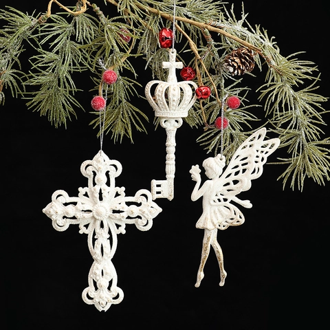 Christmas Tree Hanging Ornaments Vintage White Gold Glitter Reindeer Snowflake Cross Angel Mermaid Key Retro Holiday Decor