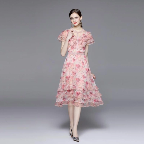 Vestido Largo Mujer Crepé De Satén Estampado Floral Rosa Manga Corta Volantes Cintura Alta Elegante Estilo Retro Verano