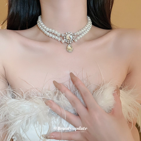 Layered Artificial Pearl Necklace With Water Drop Rhinestone Pendant Alloy Vintage Elegant Jewelry For Women