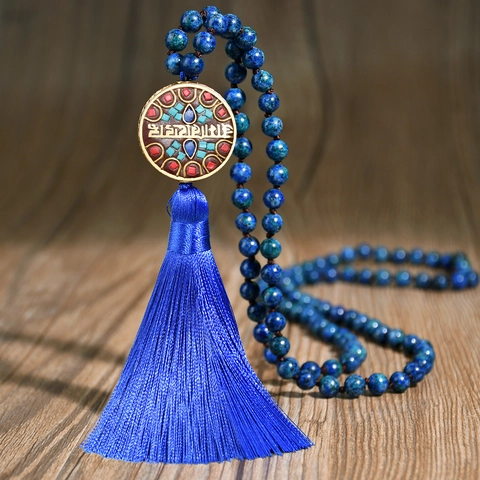 Handmade Natural Stone Long Beaded Necklace With Alloy Pendant And Blue Satin Tassel Ethnic Bohemian Vintage Style