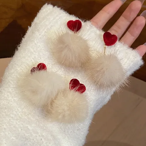Red Velvet Heart White Faux Fur Pompom Drop Earrings With 925 Sterling Silver Earring Post Autumn Winter Style