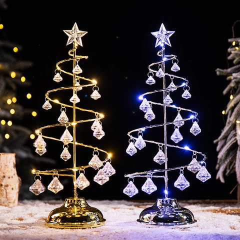 Sapin De Noël Lampe De Table LED Spirale Cadre Métal Pendentifs Cristal Acrylique Étoile Décoration Fête