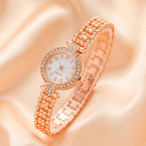 Fashion Rhinestone Women Wristwatch Elegant Round Dial Arabic Numerals Alloy Case Metal Bead Strap Quartz Movement