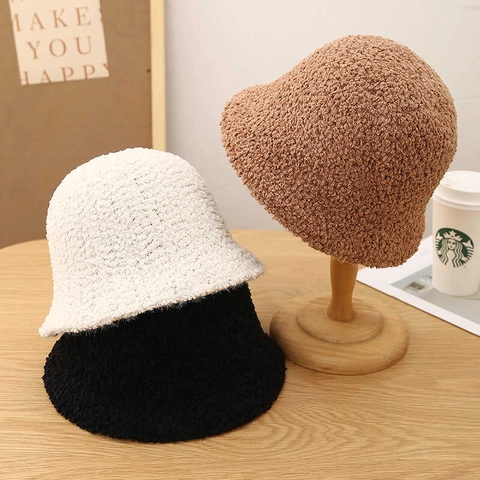 Plush Lamb Wool Bucket Hat Winter Warm Teddy Fleece Fisherman Cap Solid Color Versatile Outdoor For Women