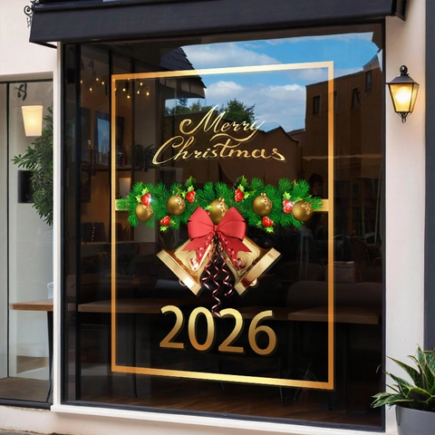 Christmas Window Stickers Static Cling PVC Double Sided Golden Bells Pine Branches Merry Christmas Glass Door Decor