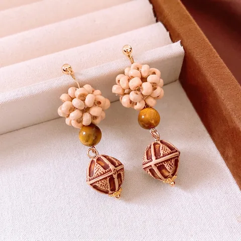 Orecchini Pendenti Etnici Retro Per Donna Con Perline In Legno Resina Occhio Di Tigre E Perno In Argento Sterling 925