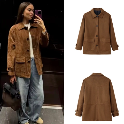 Dames Suède Jas Knoopsluiting Revers Lange Mouwen Klepzakken Vintage Workwear Bruin