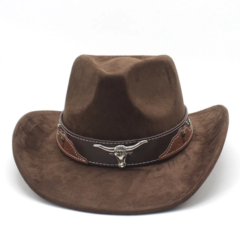Western Cowboy Hat Retro Suede With Metal Bull Head Rivet Leather Band Wide Brim Vintage Jazz Fedora For Men Women
