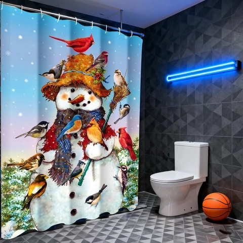 Weihnachten Schneemann Vögel Muster Wasserdicht Polyester Duschvorhang Mit Kunststoff Haken Für Winter Badezimmer Dekor