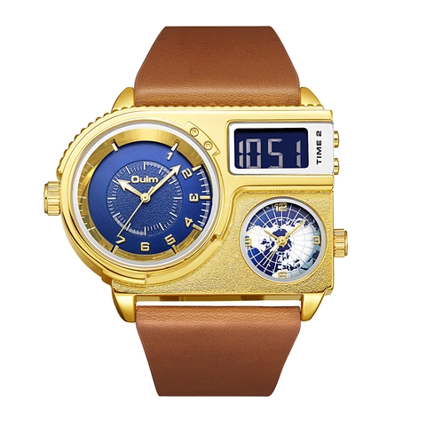 Men Analog Digital Display Quartz Watch Large Dial Alloy Case Leather Silicone Strap Multi Timezone World Map Industrial Sport
