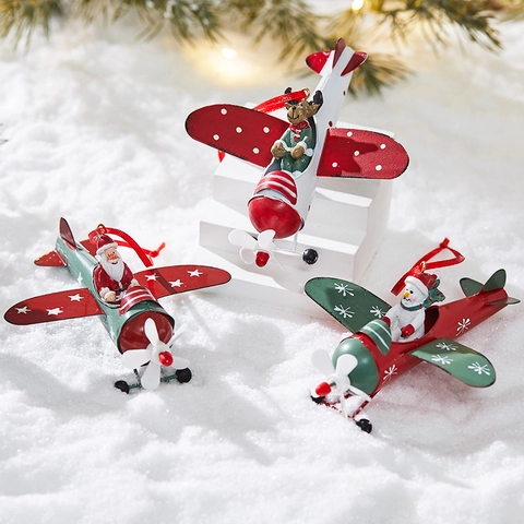 Weihnachts Eisen Doppeldecker Hängedekoration Weihnachtsmann Schneemann Rentier Festlicher Baumschmuck Metall Flugzeug Figur