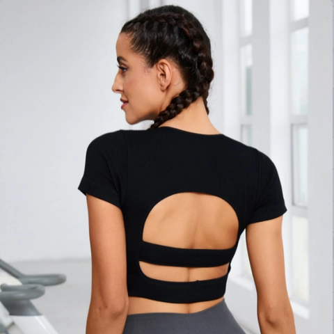 Women Short Sleeve Yoga Top Ribbed Knit Open Back Breathable Workout Tight Fit Running Crop Top