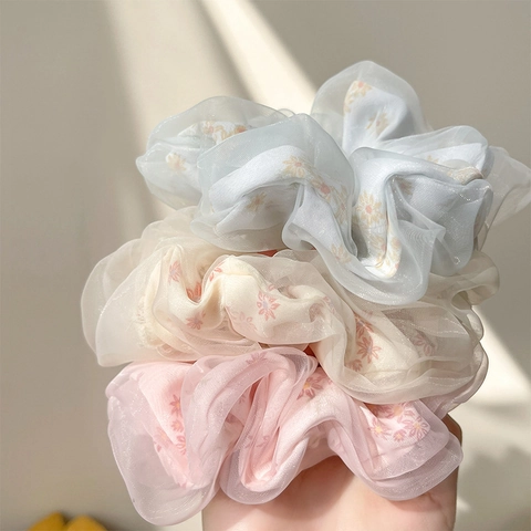 Floral Mesh Scrunchie Organza Elastic Hair Tie Sweet Flower Print Ponytail Holder Accessories For Women Girls
