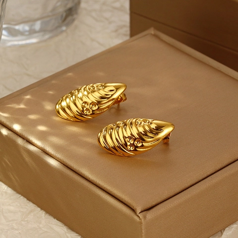 Pendientes De Botón Con Forma De Concha Acero Inoxidable Chapado En Oro De 18K Texturizado Irregular Estilo Vintage Mujer