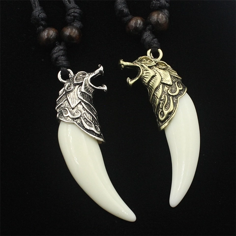 Collana Con Pendente Testa Di Lupo E Dente Di Imitazione Acrilico Lega Stile Retro Punk Catena In Corda Perle In Legno Unisex