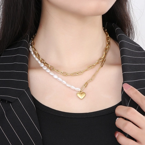Collar De Doble Capa De Acero Inoxidable Chapado En Oro Con Colgante De Corazón Y Perla Artificial Cadena De Clavícula Para Mujer
