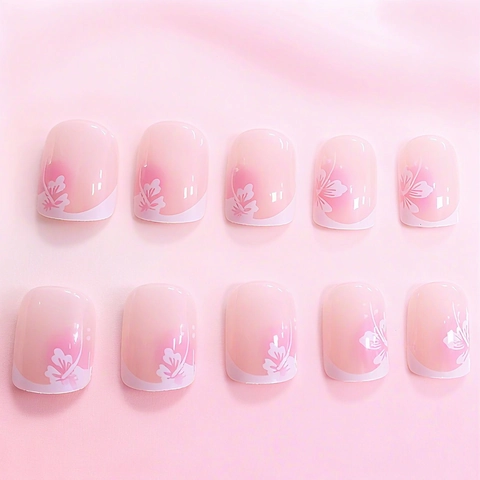Press On Nails French Short Square Pink Ombre White Hibiscus Flower Pattern Artificial Fake Nails