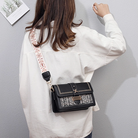 Women Retro Tweed Patchwork Crossbody Bag With Wide Embroidered Shoulder Strap PU Leather Small Square Flap Bag Gold Hardware