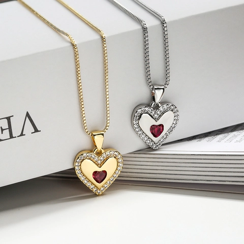 Copper Gold Plated Heart Pendant Necklace With Red White Zircon Accents Fine Jewelry For Women Romantic Gift