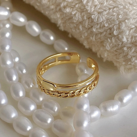 925 Sterling Silver Double Layer Chain Ring Minimalist Adjustable Geometric Curb Link Jewelry Women