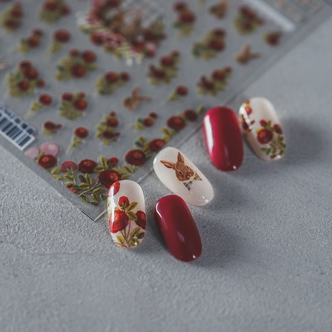 Adesivi Per Unghie Autoadesivi Vintage Rosa Rossa Floreale Coniglio Motivi Manicure Decorazione Stile Retrò
