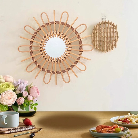 Handmade Rattan Woven Wall Mirror Sunburst Sunflower Decorative Hanging Mirror Bohemian Nordic Style Natural Wicker Home Decor