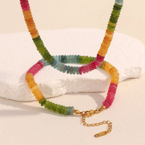 Vintage French Style Colorful Tourmaline Color Natural Stone Beaded Necklace And Bracelet For Women 18K Gold Plated Steel