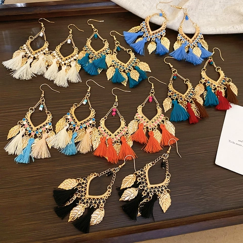 Bohemian Tassel Drop Earrings With Alloy Leaf Charms Colorful Beads And Steel Earring Post Vintage Ethnic Style Jewelry