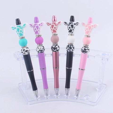 Cartoon Animal Beaded Ballpoint Pen Silicone Cow Giraffe Head Rhinestone DIY Decorative Writing Tool Office Stationery