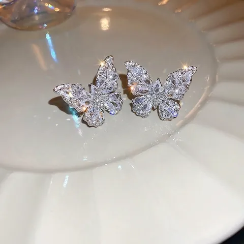 Butterfly Cubic Zirconia Ear Cuff Stud Earrings With Silver Earring Post Open Adjustable Ring Alloy Jewelry For Women