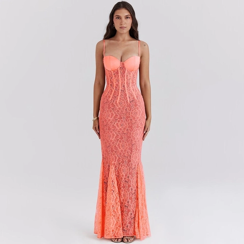 Sexy Kant Maxi Jurk Spaghettibandjes Rugloos Slim Fit Zeemeermin Avondfeest Elegant Mouwloos Polyester Dames