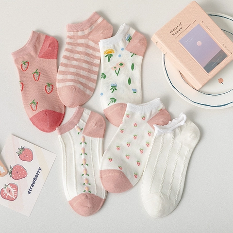 Chaussettes Invisibles Femmes Mélange Coton Respirant Style Japonais Motifs Fraise Fleurs Pour Filles