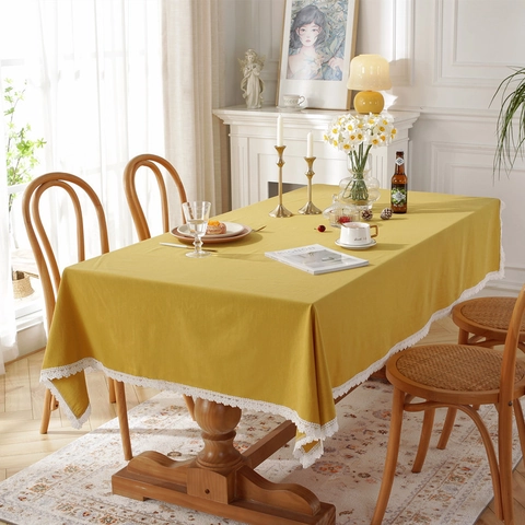 Rectangular Tablecloth Washed Cotton With White Lace Edge Small Flower Pattern Modern Minimalist Decorative Table Cover