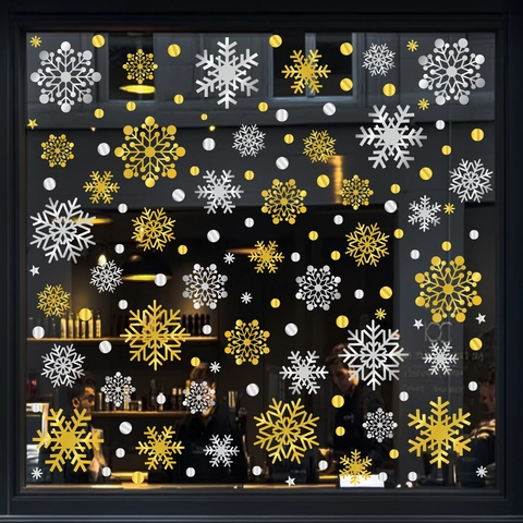 Snowflake Window Clings Christmas Static PVC Double Sided Gold Silver Decals For Glass Festive Holiday Party Home Decor