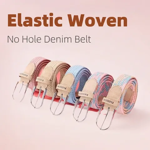 Women Braided Elastic Belt Canvas Woven Stretchy Waistband Hole Free Alloy Pin Buckle For Jeans Casual Sweet Candy Color