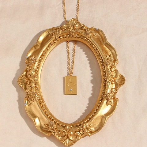 Collier Pendentif Carte De Tarot Soleil Lune Étoile En Acier Inoxydable Plaque Or Rectangulaire Zircon Pour Femmes