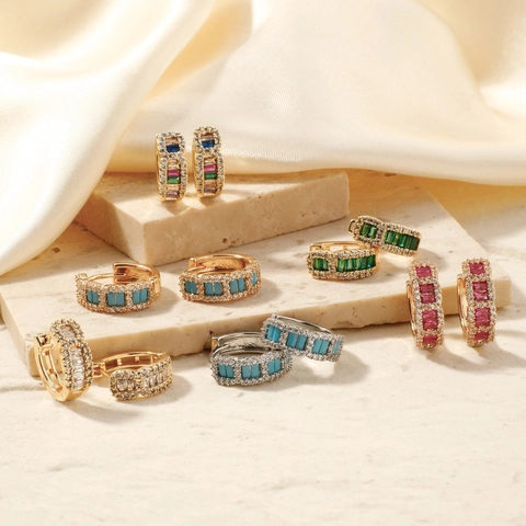 Vintage Copper Zirconia Hoop Earrings For Women Fashion Geometric Multi Color Gemstone Inlaid Huggie Earrings Jewelry Gift