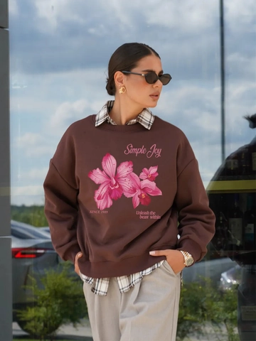Dames Sweatshirt Met Ronde Hals Retro Bloemenprint Simple Joy Brief Lange Mouwen Losse Casual Pullover Bruin Katoenmix