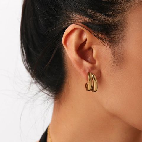 C-Shaped Double Layer Hoop Earrings Stainless Steel 18K Gold Plated Geometric Hollow Lines Minimalist Trendy Jewelry For Women