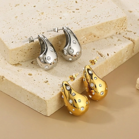 Teardrop Stud Earrings Stainless Steel Rhinestone Inlaid Hollow Waterdrop Elegant Jewelry For Women