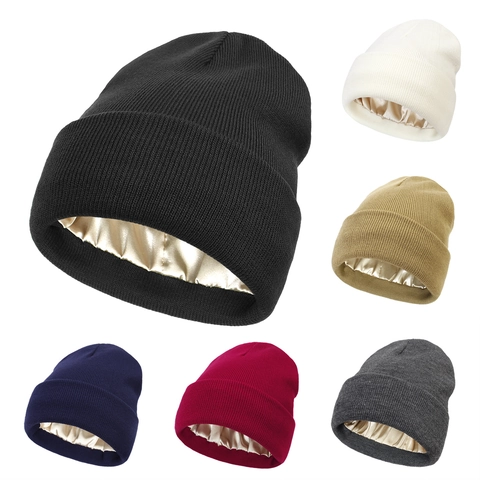 Damen Winter Strickmütze Mit Satinfutter Warm Anti-Statik Haarschutz Einfarbig Weich Rippenstrick Beanie