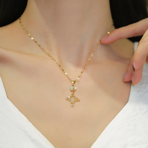 Gold Plated Stainless Steel Chain Necklace With Copper Zirconia Bowknot Star Pendant For Women Elegant Jewelry Accessory
