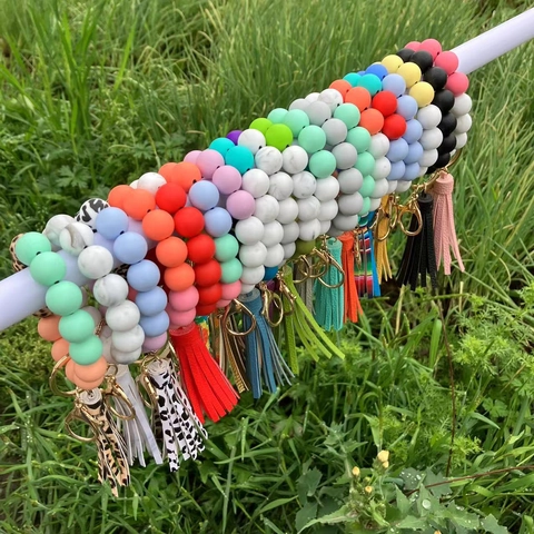 Silicone Beaded Bracelet Wristlet Keychain With PU Leather Tassel Marble Leopard Pattern Metal Key Ring For Keys