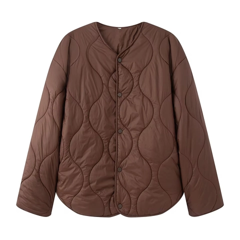 Women Lightweight Quilted Padded Jacket Round Neck Snap Button Wavy Pattern Polyester Long Sleeve Warm Outerwear Coat