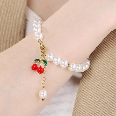 Fruit Pendant Beaded Bracelet Imitation Artificial Pearl Stainless Steel Zircon Cherry Grape Summer Jewelry For Women