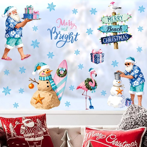 Summer Beach Christmas Wall Stickers PVC Santa Sand Snowman Window Decals Tropical Holiday Party Home Decor Removable