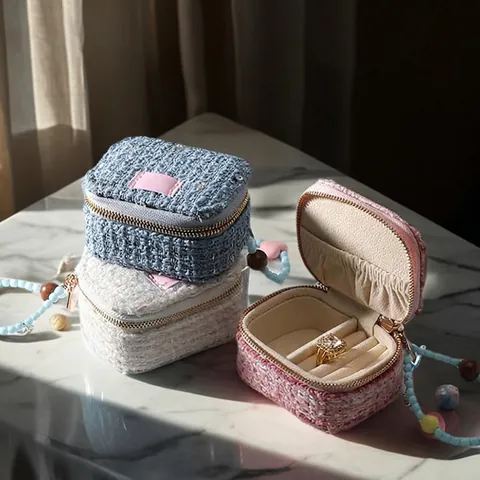 Portable Jewelry Organizer Box Velvet PU Leather Tweed Travel Storage Zipper Case Rings Earrings Necklaces Mini Elegant