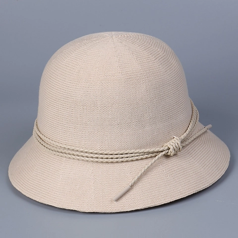 Women Knit Bucket Hat Cotton Polyester Breathable Sunshade Summer Basin Hat With Decorative Rope Tie Simple Elegant Style